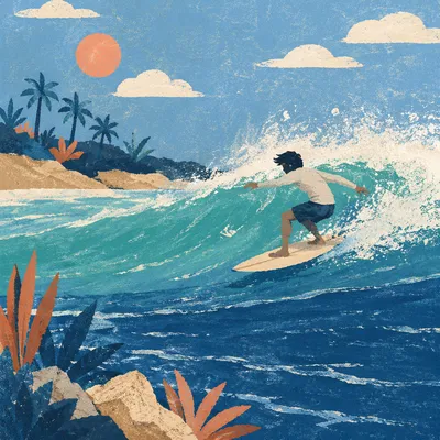 Surfer Riding Turquoise Ocean Wave