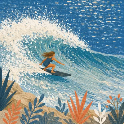 Surfer Riding Powerful Blue Ocean Wave