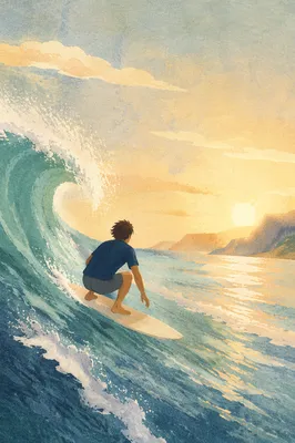 Lone Surfer on Turquoise Morning Wave