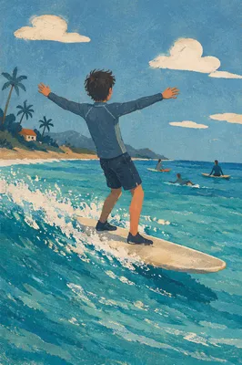 Surfer Riding Turquoise Coastal Wave