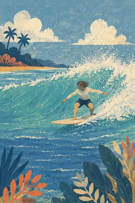 Surfer Riding Turquoise Ocean Wave
