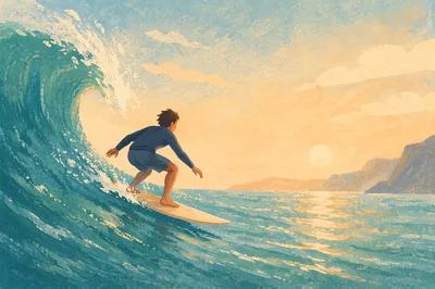 Lone Surfer on Turquoise Morning Wave