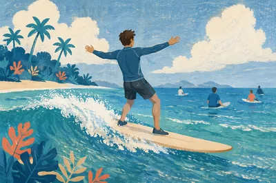 Surfer Riding Turquoise Coastal Summer Wave