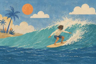 Surfer Riding Turquoise Ocean Wave