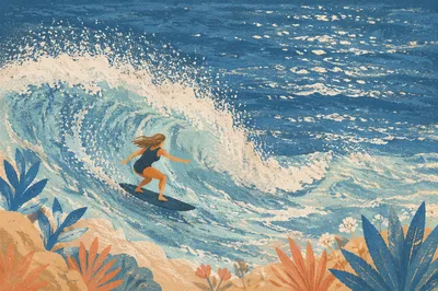 Surfer Riding Powerful Blue Ocean Wave