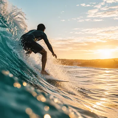 Sunrise Surfer on Turquoise Ocean Wave