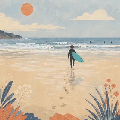 Surfer Walking Toward Gentle Summer Waves