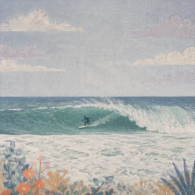 Distant Surfer Riding Teal Summer Wave