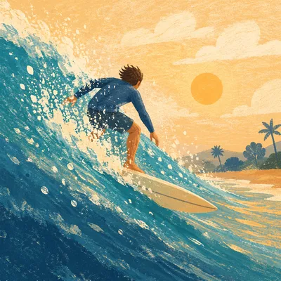 Surfer Riding Turquoise Wave at Golden Hour