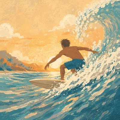 Golden Hour Surfer on Turquoise Wave