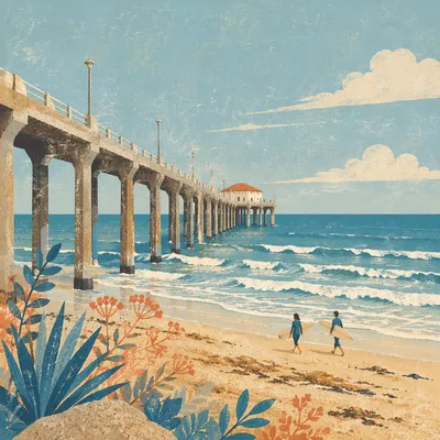 Surfers Walking Along Summer Ocean Pier
