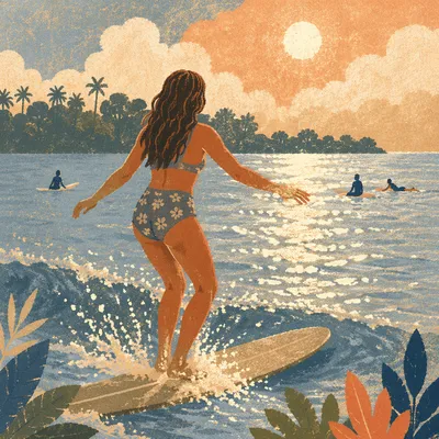 Backlit Summer Surfer Riding Shallow Ocean Waves