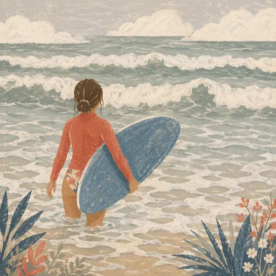 Surfer Entering Summer Waves with Blue Board