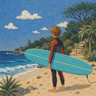 Summer Surfer With Turquoise Longboard