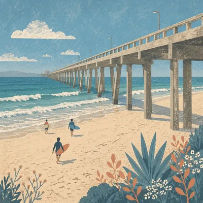 Summer Surfers Walking Beside Ocean Pier