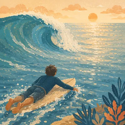Surfer Paddling Toward Golden Morning Wave