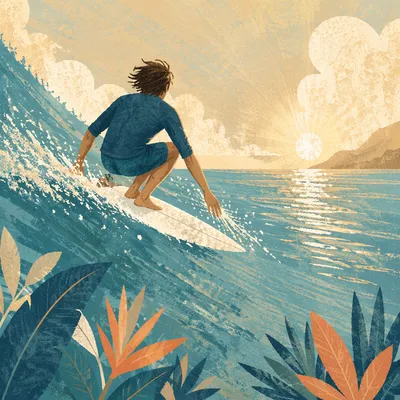 Surfer Riding Turquoise Wave at Sunrise