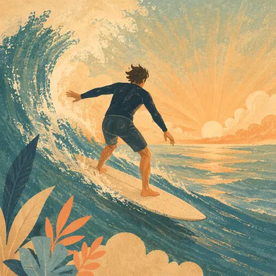 Surfer Riding Turquoise Wave at Sunrise
