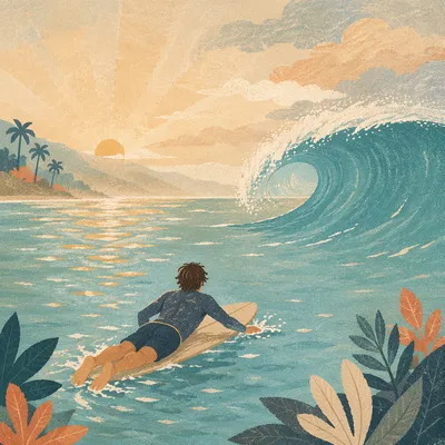 Surfer Paddling Toward Sunrise Ocean Wave