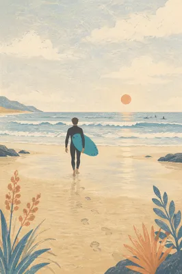 Surfer Walking Toward Gentle Summer Waves