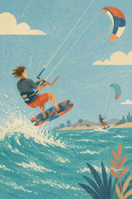 Summer Kitesurfer Jumping Over Turquoise Wave