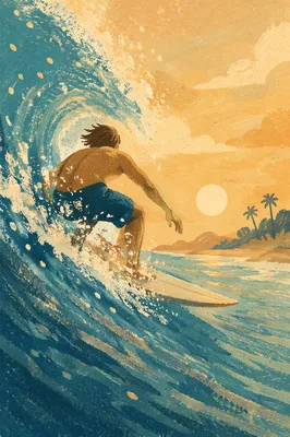 Surfer Riding Turquoise Wave at Golden Hour
