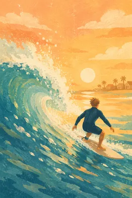 Lone Surfer Riding Turquoise Wave at Sunset