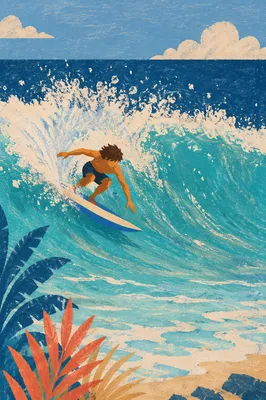 Surfer Carving Bright Turquoise Summer Wave
