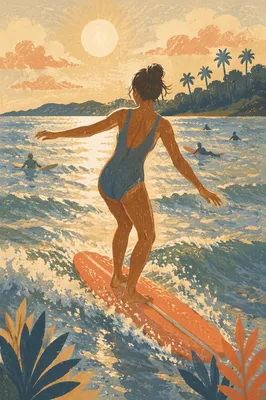 Backlit Summer Surfer on Ocean Longboard