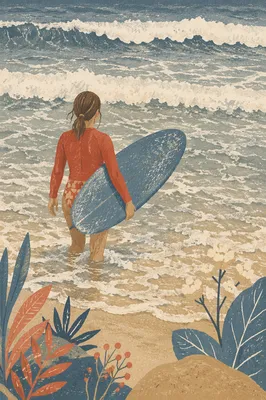 Surfer Entering Summer Waves with Blue Longboard