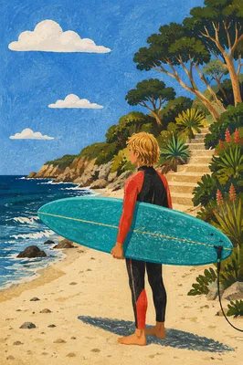 Summer Surfer Holding Turquoise Longboard