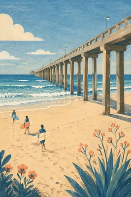 Summer Surfers by a Teal Ocean Pier