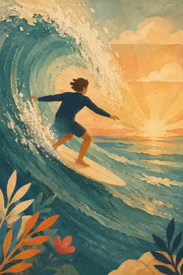 Surfer Riding Turquoise Wave at Sunrise
