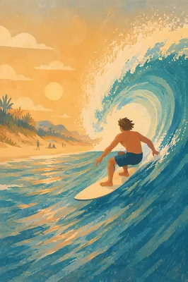 Golden Hour Surfer on Turquoise Wave