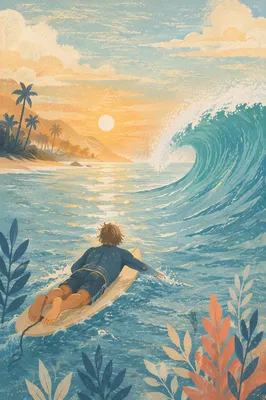 Surfer Paddling Toward Sunrise Ocean Wave