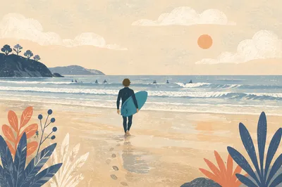 Surfer Walking Toward Gentle Summer Waves