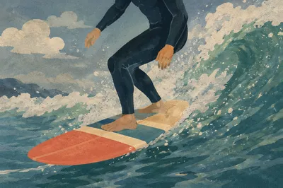 Surfer Carving a Teal Summer Wave