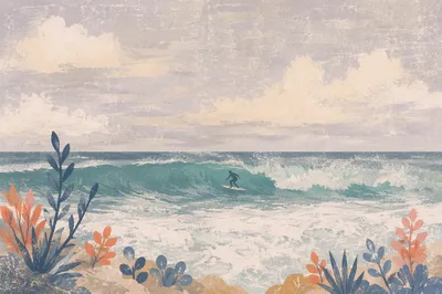 Distant Surfer Riding Teal Summer Wave
