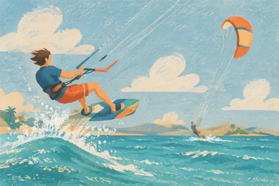 Kitesurfer Jumping Over Summer Ocean Wave