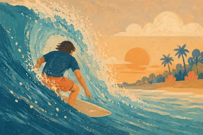 Surfer Riding Turquoise Wave at Golden Hour