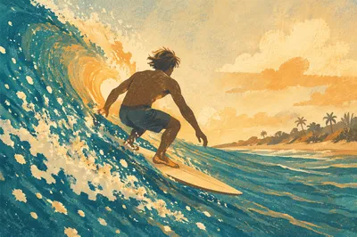 Surfer Riding Turquoise Wave at Golden Hour