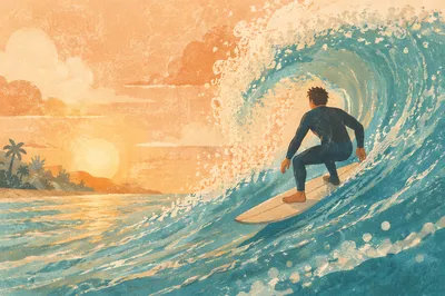 Golden Hour Surfer on Turquoise Wave