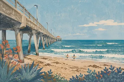 Surfers Walking by Ocean Pier in Summer