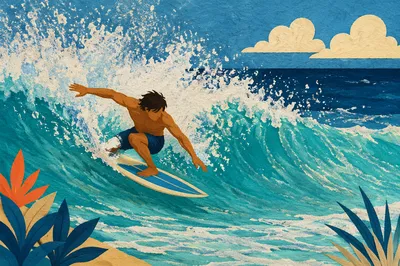 Surfer Carving Bright Turquoise Summer Wave