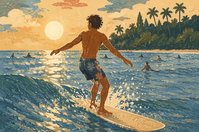 Summer Surfer Balancing on Sunlit Ocean Wave