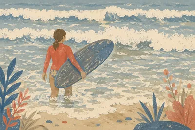 Surfer Entering Summer Waves With Blue Longboard