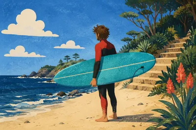 Summer Surfer with Turquoise Board by Ocean