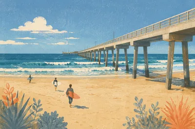Summer Surfers by a Sunlit Coastal Pier