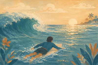 Surfer Paddling Toward Turquoise Morning Wave