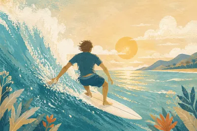Surfer Riding Turquoise Wave at Sunrise